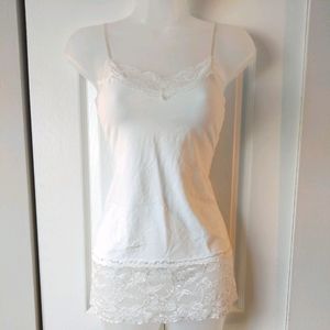 [2/$10] Long White Cami w/ Wide Lace Trim